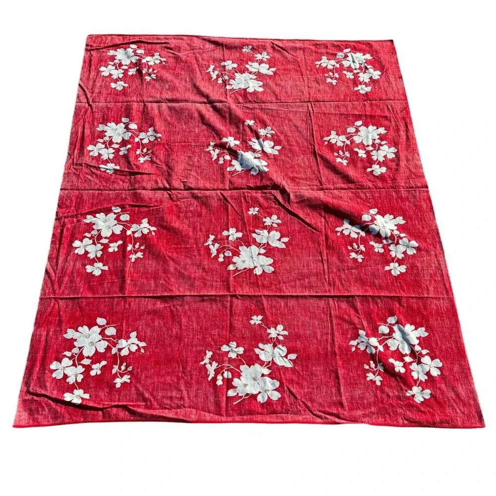 Vintage MCM retro red white gray floral table cloth‎ 63 x 53 inches